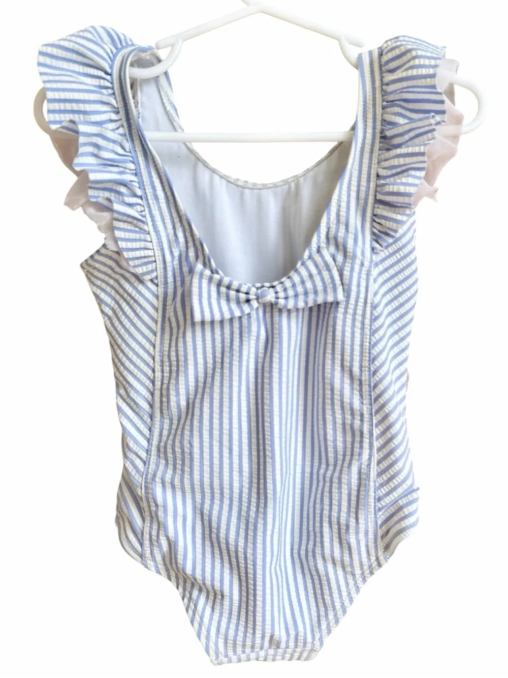 RuffleButts Periwinkle Blue Seersucker Waterfall One Piece UPF 50+ Size 2T